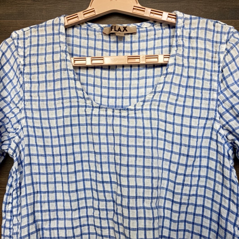 Flax Linen Gingham Pale Blue White Top Sz P Petite Lagenlook Minimalist Shirt EC
